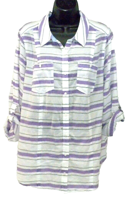 #ad Lane Bryant Womens Top 18 2X Purple White Striped Button Roll Tab Sleeve Tunic $13.99
