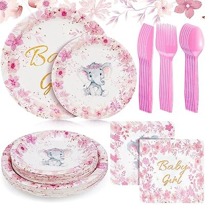 #ad 144 Pcs Elephant Theme Baby Shower Decorations for Boy Girl Party Tableware S... $35.13