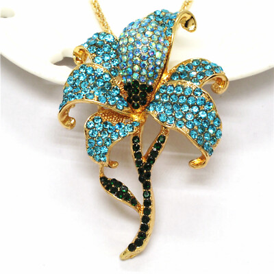 #ad Fashion Women Blue Rhinestone Bling Flower Crystal Pendant Sweater Necklace $3.95