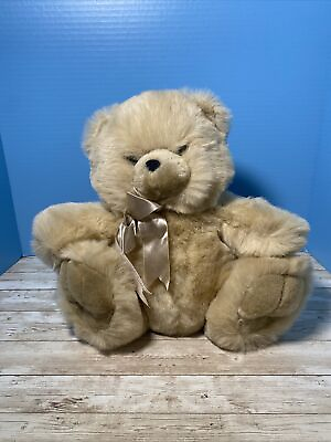 #ad Passport Plush Toys Bear Beige Teddy Stuffed Animal Satin Bow Vintage Sitting $8.99