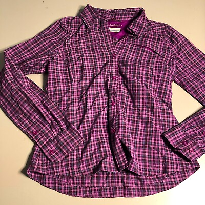 #ad columbia womens shirt small s purple omni shade plaid flannel Collar Button s22 $27.88