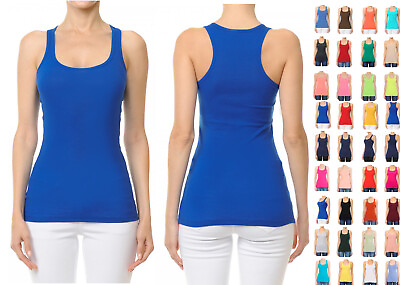 #ad Women#x27;s Premium Cotton Tank Top Basic Soft Stretch Ribbed Knit Racerback Solids $10.99