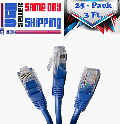 #ad Cat6 Patch Cord 3#x27; Foot in Blue 25 Pcs Pack Ethernet Network Cable Tuff Jacks $29.95