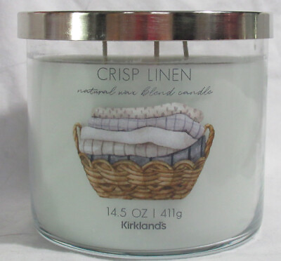 #ad Kirkland#x27;s 14.5 oz Large Jar 3 Wick Candle Natural Wax Blend CRISP LINEN cotton $29.52