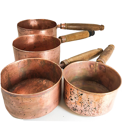 #ad Vintage ? Pre 1930#x27;s Copper Saucepan Set Of Four Wooden Handle Farmhouse Decor AU $575.00