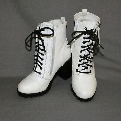 #ad Forever White Fashion Combat Boots Women#x27;s size 7.5 Lace Up High Heel Side Zips $21.95