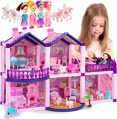 #ad Dollhouse with 4 Princesses 4 Unicorns Dog Furniture and Accessories Pink a $57.86