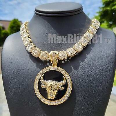 #ad Hip Hop Gold PT Bull Pendant amp; 16quot; 18quot; 20quot; Iced Baguette stone Chain Necklace $25.99
