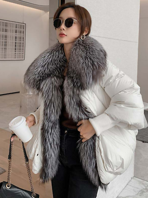 #ad 2022 Winter Women Coats Oversized Real Fur Collar Down Coat Puffer Jackets $258.92