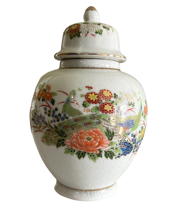#ad Small Peacock Ginger Jar Porcelain Gold Trim Flower Blossoms 6.5 In Tall Japan $19.54