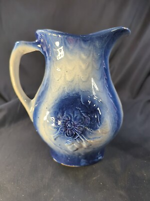 #ad Antique 7quot; Stoneware Ceramic Pitcher White Salt Glaze Floral Blue amp; White Ombre $34.60
