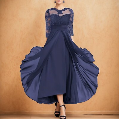 #ad Women#x27;s Sexy Fashion Chiffon Stitching Lace Hollowed Out Seven Sleeve Dress $43.81