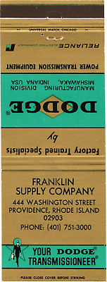 #ad Franklin Supply Company R.I. Your Dodge Transmissioneer Vintage Matchbook Cover $9.99