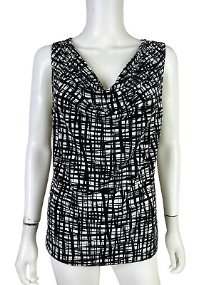 #ad Calvin Klein Womens Tank Top Blouse Knit Black White Cowl Neck Sleeveless Size L $12.99