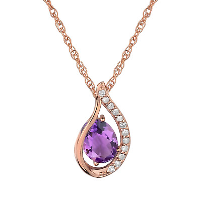 #ad 10k Rose Gold Genuine Oval Amethyst amp; Diamond Halo Drop Pendant Necklace $127.99