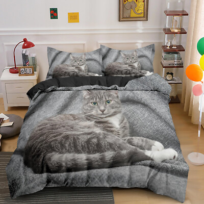 #ad Grey Little Cat Pet Kitten Duvet Doona Cover Double Queen Bedding Quilt Cover AU $21.00