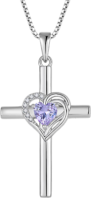 #ad Heart Shaped Cross Necklace 925 Sterling Silver Cross Pendant Birthstone Cross J $78.99