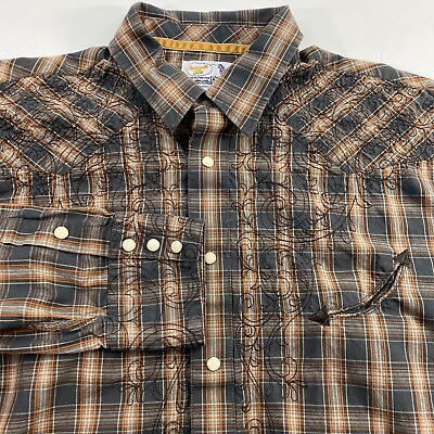 #ad Panhandle Slim Mens Pearl Snap Embroidered Brown Plaid Retro Western Shirt Large $23.40