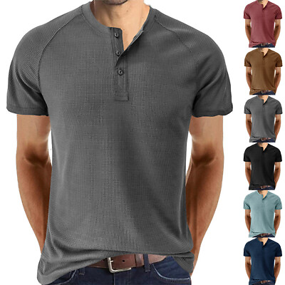 #ad Mens Ribbed Henley Button V Neck Tops Casual Short Sleeve Pullover T Shirt US $20.59