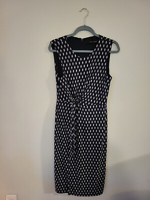 #ad IVANKA TRUMP Blue white Patterned Sleeveless Dress Medium Diagonal Split Drape $22.99