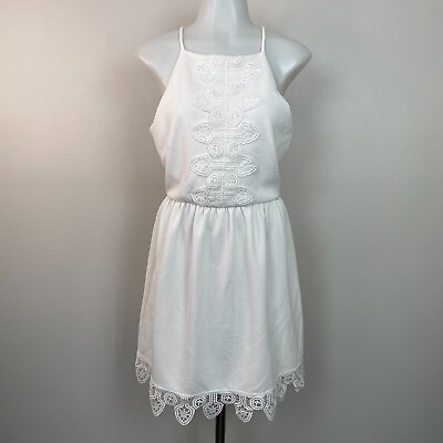 #ad Francesca#x27;s Miami Dress Medium White Lace Hem Sleeveless Elastic Waist $14.00
