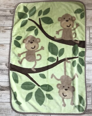 #ad Carter#x27;s plush green tan brown monkeys tree branches leaves plush baby blanket $29.99