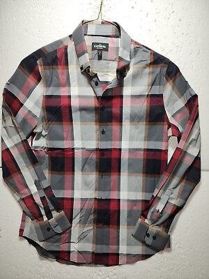 #ad Express Shirt Mens Medium 15 15amp;1 2 Check Red Gray Button Down Long Sleeve Slim $14.99