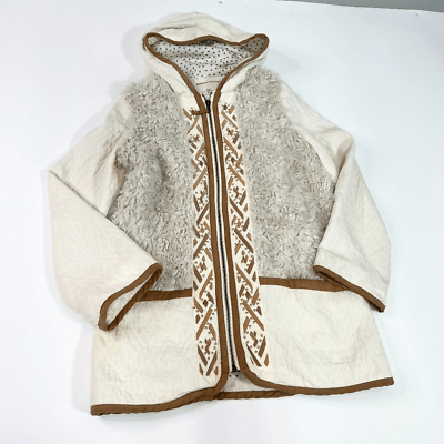 #ad HEI HEI Jacket Womens XS Ivory Cotton Faux Fur Long Sleeve Hooded Full Zip $28.58