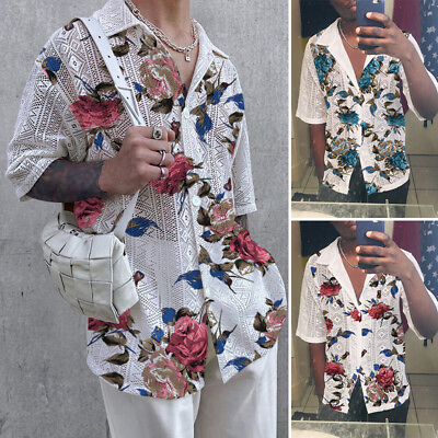 #ad Mens Floral Printed Hollow Out Shirts Loose Holiday Beach Blouse Tops T Shirt $19.94