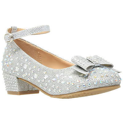 #ad SOBEYO Kids Dress Shoes Girls Glitter Rhinestone Bow Mary Block Heel Pump Silver $24.95