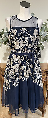 #ad Glamour Gabriella Skye Women 8 navy gold Floral Embroidered Fit Flare Dress $19.99