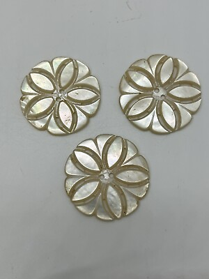 #ad Vintage Large Floral White Mother of Pearl Buttons Set of 3 Two Hole $14.99