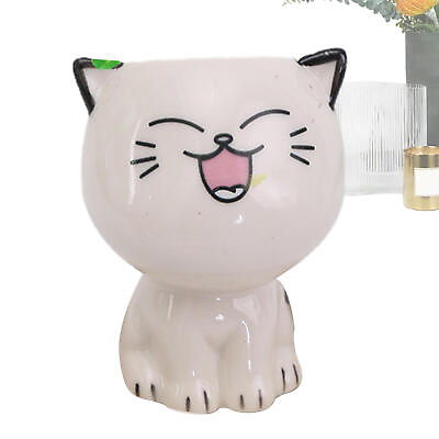 #ad White Ceramic Cartoon Cat Ornament Crafts Long Grass Head Doll Plant Potted Plan $10.05