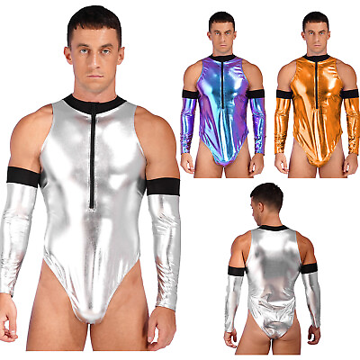 #ad Men Shiny Metallic Costume Astronaut Role Play Bodysuit Zipper Glossy Clubwear $12.87