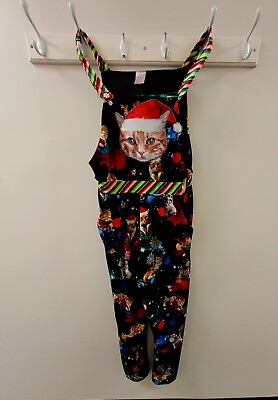 #ad Womens Jrs Black Velvet Christmas Kitty Cat Holiday Overalls Jumpsuit $28.00