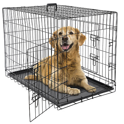 #ad 30quot; 36quot; 42quot; Dog Crate Metal Dog Kennel Folding Pet Cage 2 Door w Tray Pan Black $55.99