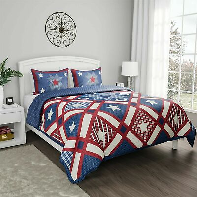 #ad Stars Stripes Patriotic Americana Quilt Set Bedspread Quilted Blanket Coverlet $33.99