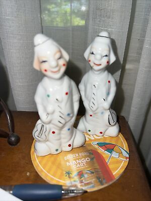 #ad Pair 2 Vintage WhitE Clown Figurines with instruments Made In China Ceramic 1940 $11.90