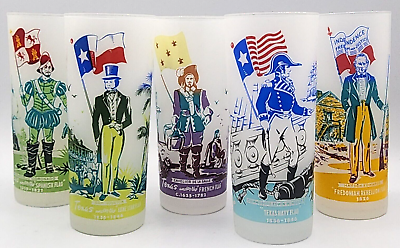 #ad LOT of 5 VTG EUC Knox Oil Company Frosted Glass Tumblers Texas Under Flags Theme $40.87