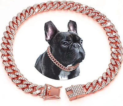 #ad Chain Dog Collar with Diamond 15Mm Wide Metal Puppy Cuban Necklace Cute Fashi... $15.99