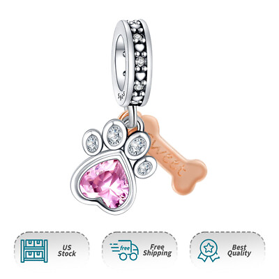 #ad New Charm for Bracelet Pets Pink Paw Bone Two Tone S925 Silver Dangle Women $19.98
