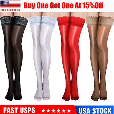 #ad Oil Shiny Glossy Satin High Stockings Women Stay Up Silicone Thigh Highs Hosiery $8.99