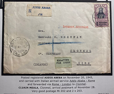 #ad 1945 Addis Ababa Ethiopia Wartime Airmail Cover To Clonmel Ireland Via Rome $199.99