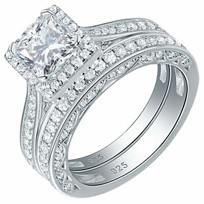 #ad 2 piece 1.5 ct Princess cut sterling silver 925 zirconia wedding ring $55.95