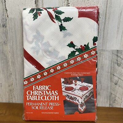 #ad Vintage Christmas Print Tablecloth Poinsettia Ribbon 60” x 84” New Sealed $40.00