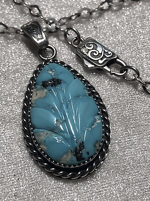 #ad Sterling Pendant Natural Sky Blue Turquoise Carved Leaf 18.5” Chain AK Clasp $149.00