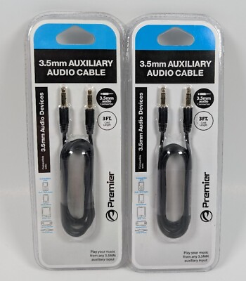 #ad Premier 2 Pack 3.5mm Auxiliary Audio Cable 3Ft Cord Aux To Aux Black Cable New $7.88
