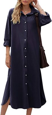 #ad Women Cotton and Linen Shirt Dress Casual Loose Maxi Dresses $37.74