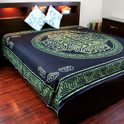 #ad Cotton Celtic Circle Wheel Of Life Tapestry Wall Hanging Spread Full Green Black $48.86