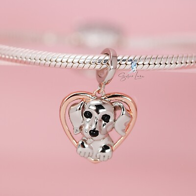 #ad 925 sterling silver dog in a heart pendant charm for bracelet necklace $18.00